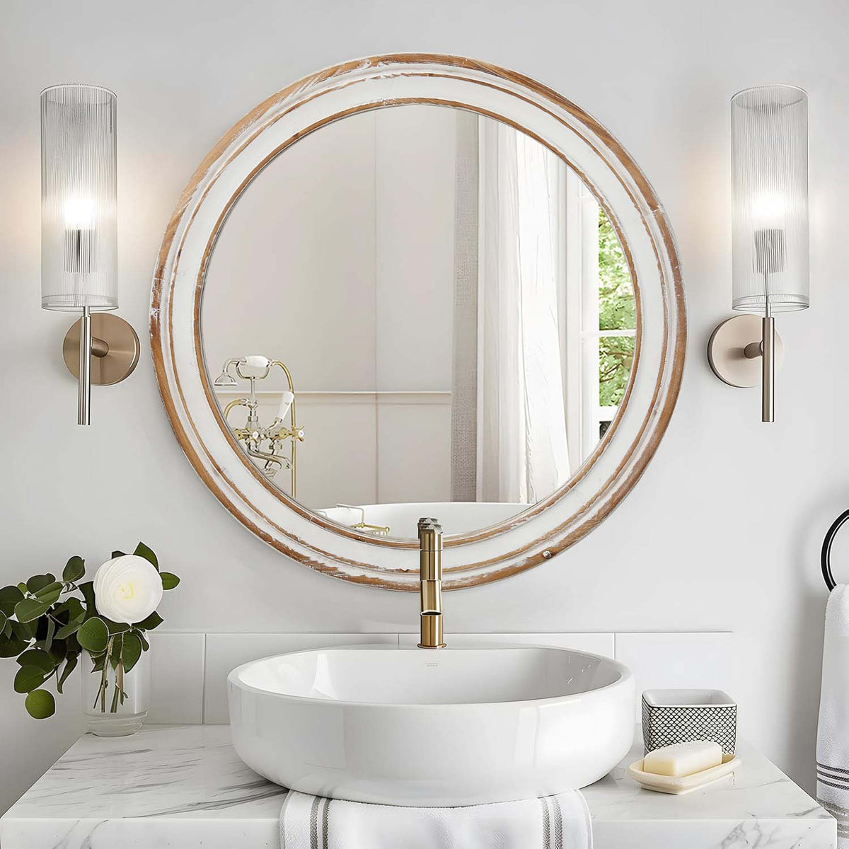 Farmhouse Wood Round Wall Mirror, Circle Vanity Mirror, Antique Natural, 23.6 in. for Bathroom Vanity — detail view