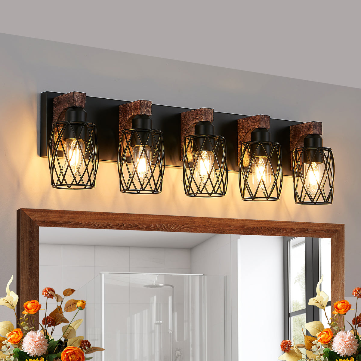 Industrial 5-Light Wall Sconce, Black Cage with Walnut Wood Accents, 31 in. for Living Room — detail view 3