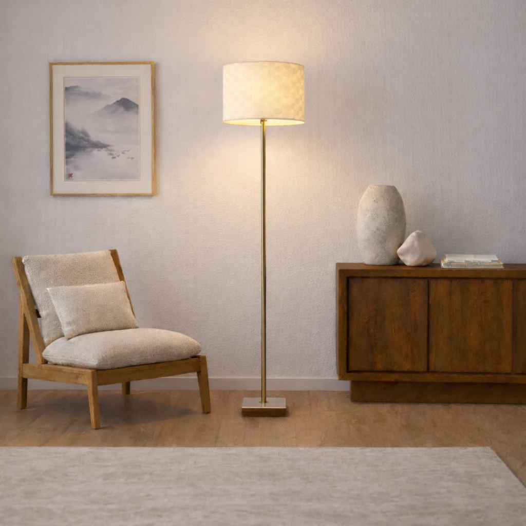 Minimalist Marble-Base Floor Lamp, Slim Silhouette, Neutral Fabric Shade, Gold Finish