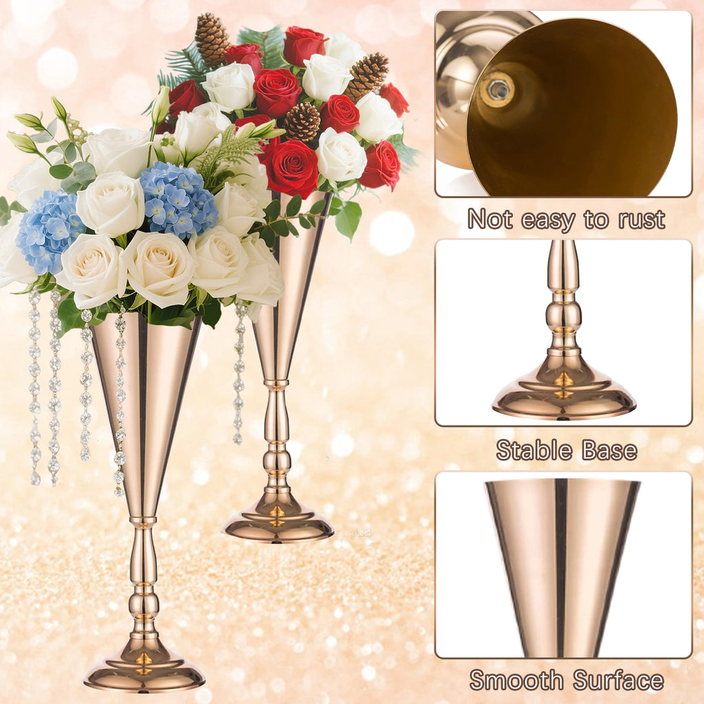 Golden Metal Trumpet Flower Vase, Wedding Centerpiece Decor, Set of 2