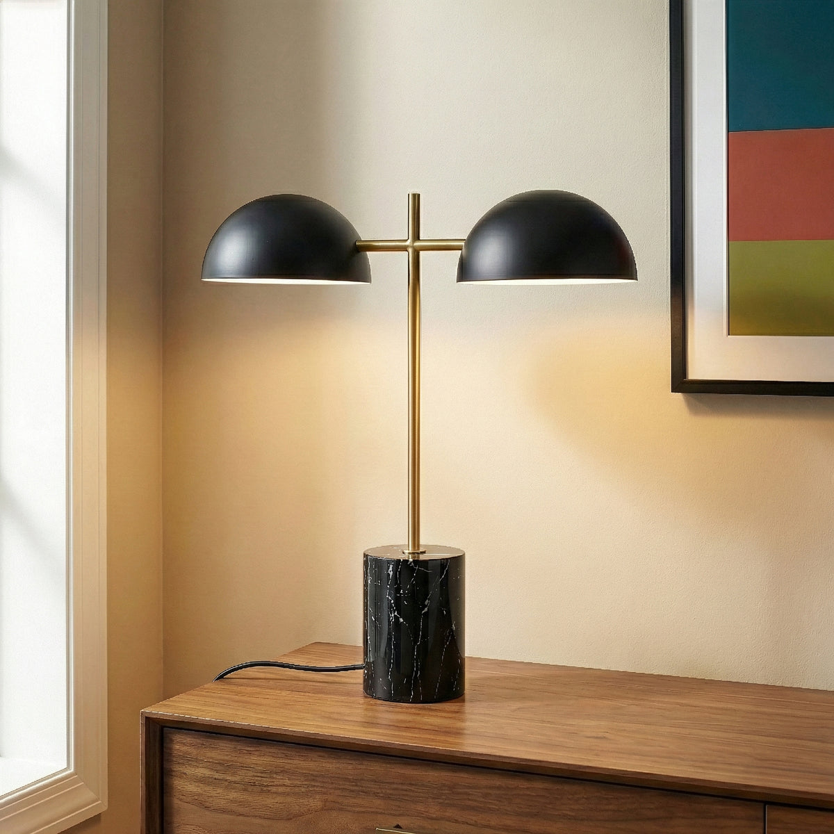 Faux Marble Table Lamp, Double Light with On/Off Switch, Black Gold, 22 in. for Living Room — detail view 3