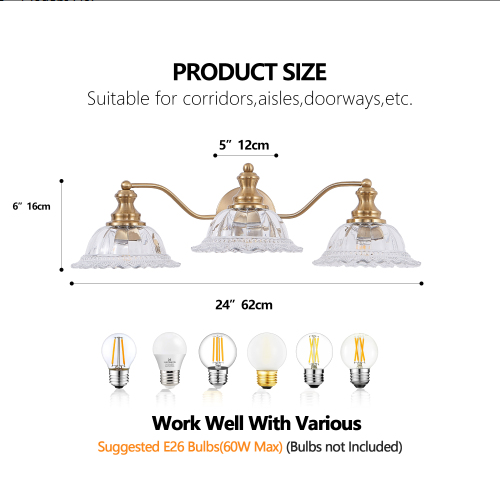 Dimension diagram for Vintage 3-Light Bathroom Wall Sconce, Iron and Glass Shades, Gold, 24 in., for Bathroom