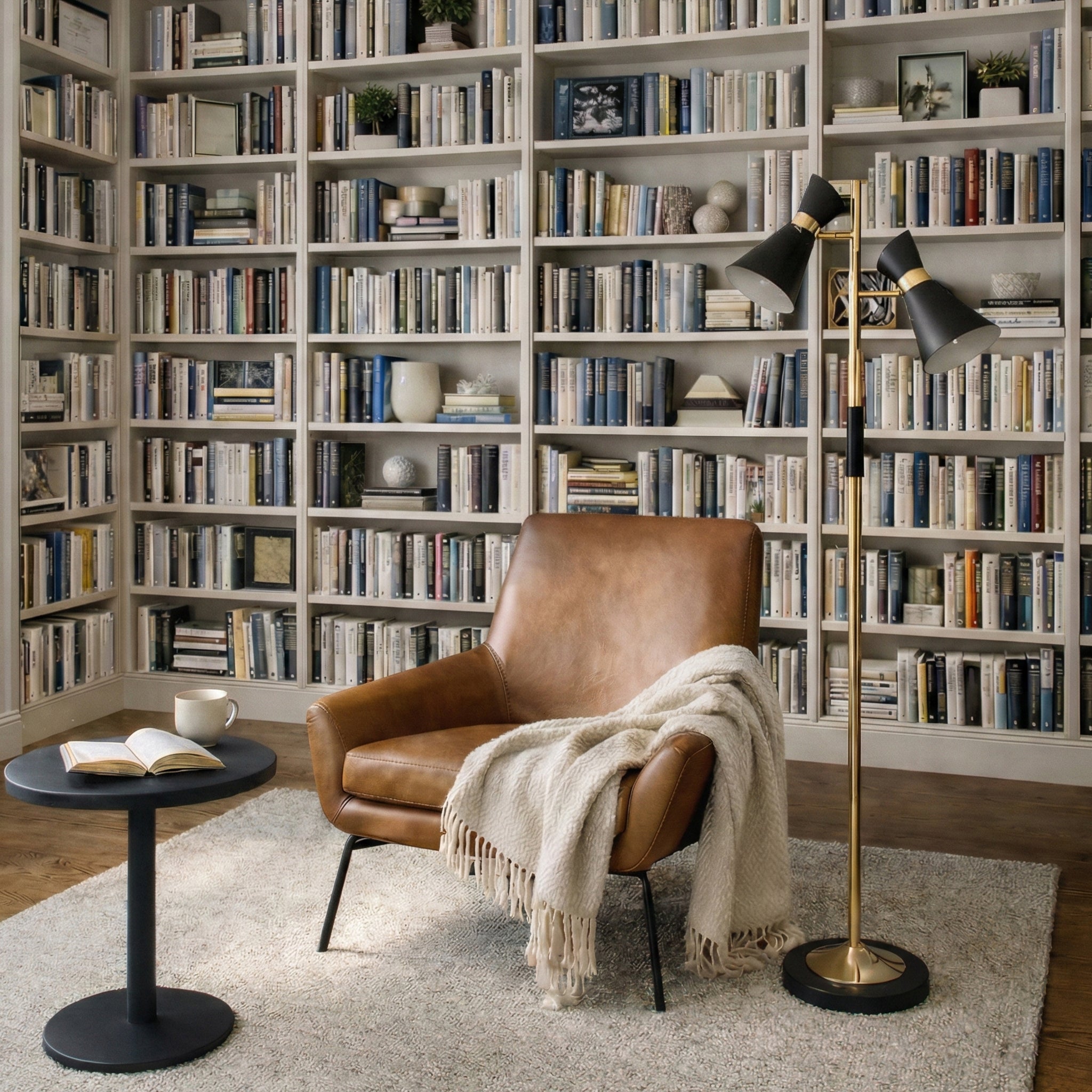 Brass Gold Floor Lamp, 4-Way Switch, Double Spotlights, Metal Base, Black & Gold Finish