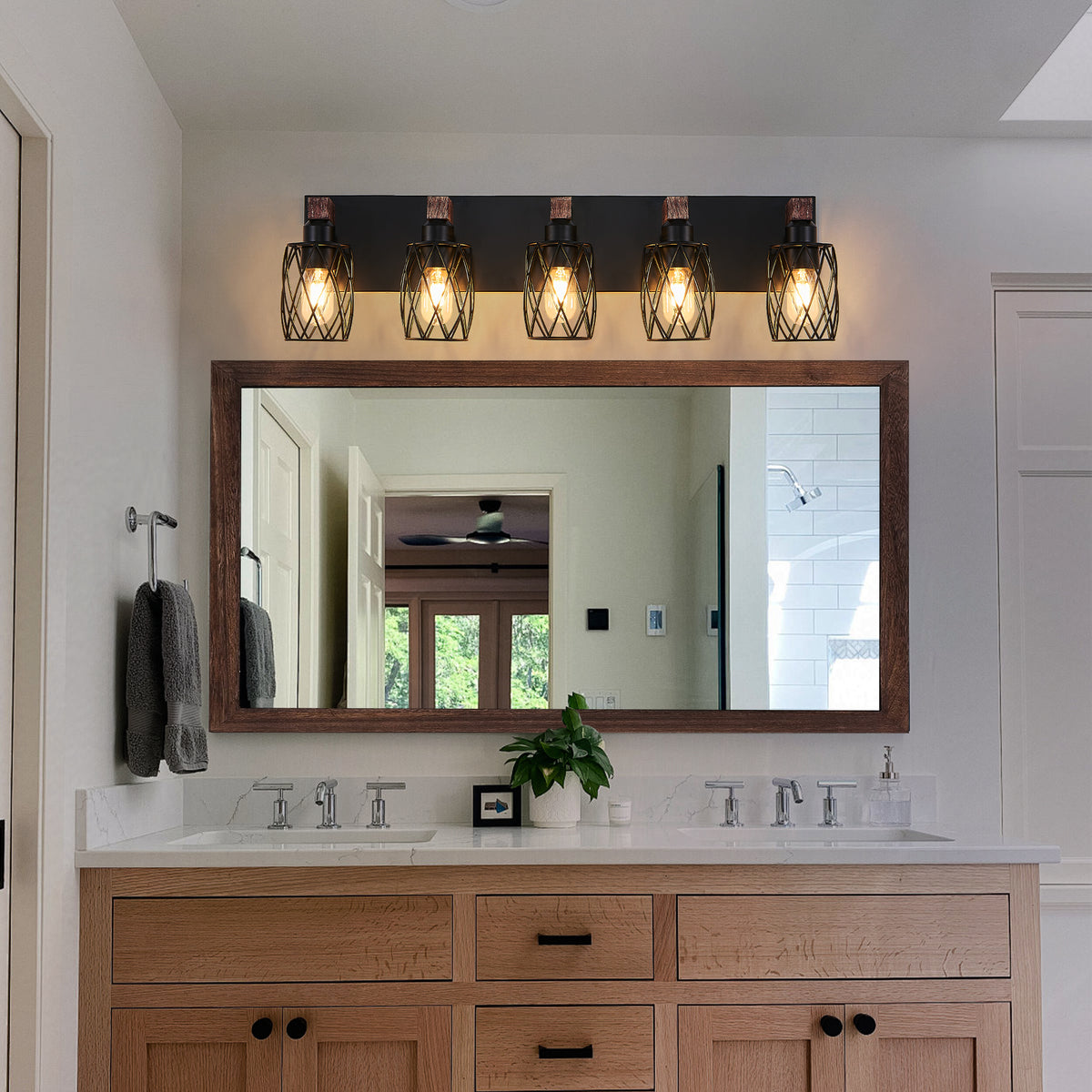 Industrial 5-Light Wall Sconce, Black Cage with Walnut Wood Accents, 31 in. for Living Room — detail view