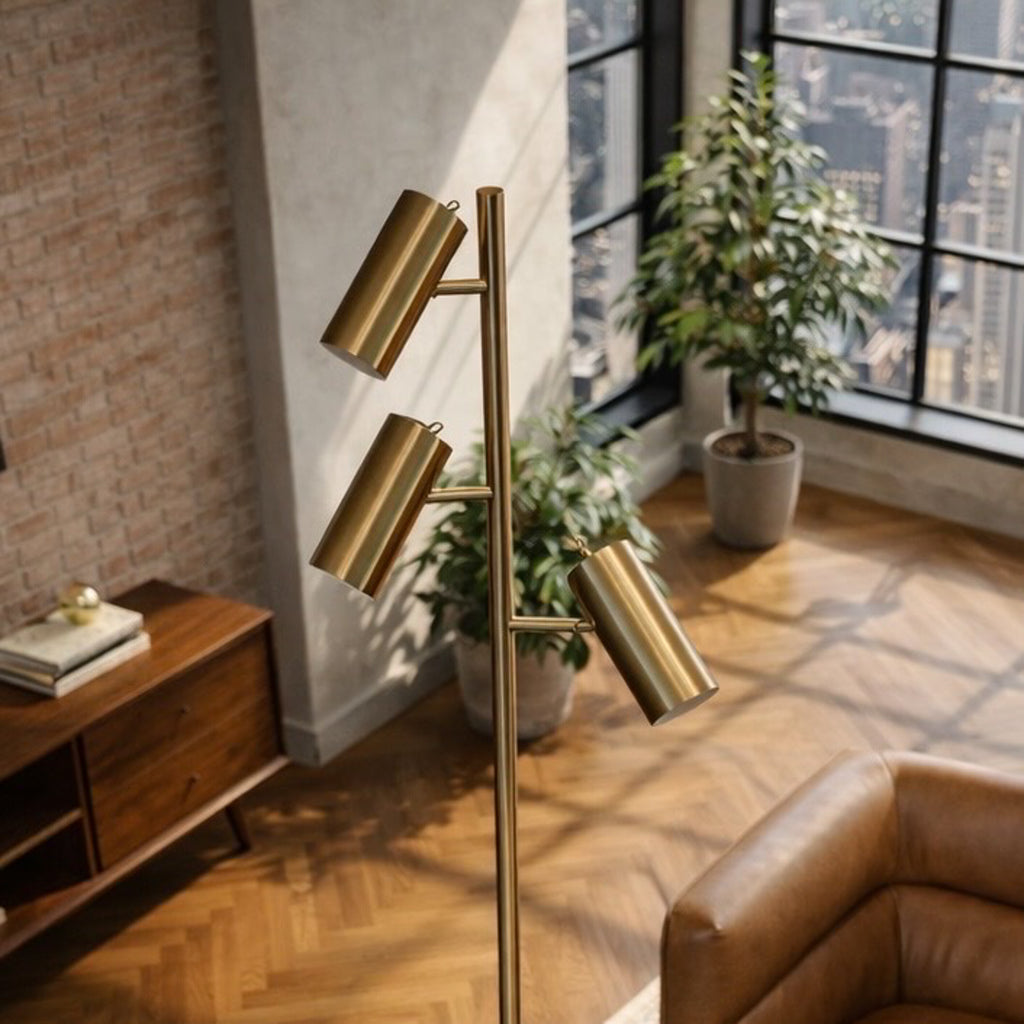 Brass Gold LED Floor Lamp, Rotary Switch, Triple Spotlights, Cone Base