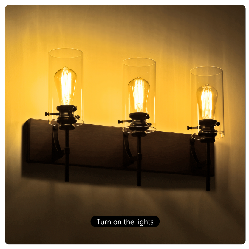 Wood Tone & Black 3-Light Bathroom Vanity Light, Modern Wall Sconce Fixture