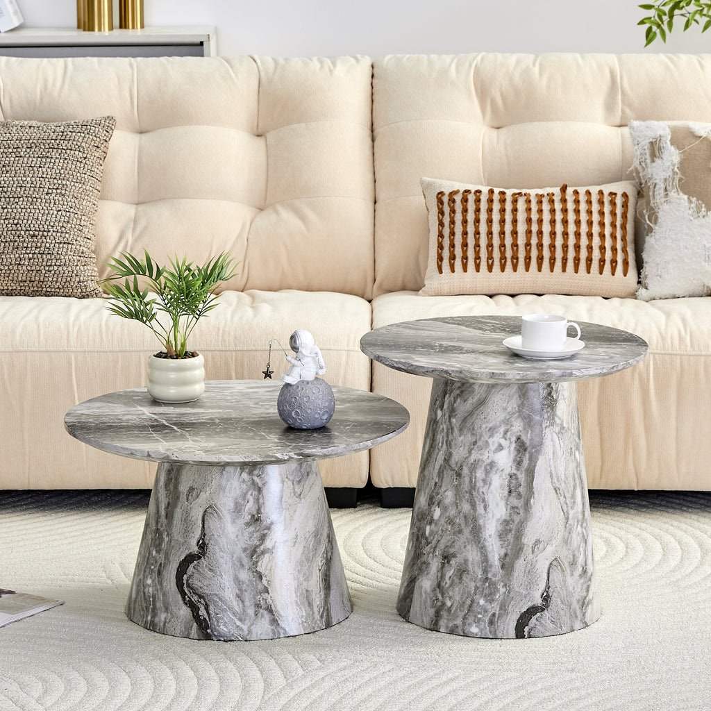 Nested Round Coffee Table Set, Grey Veneer