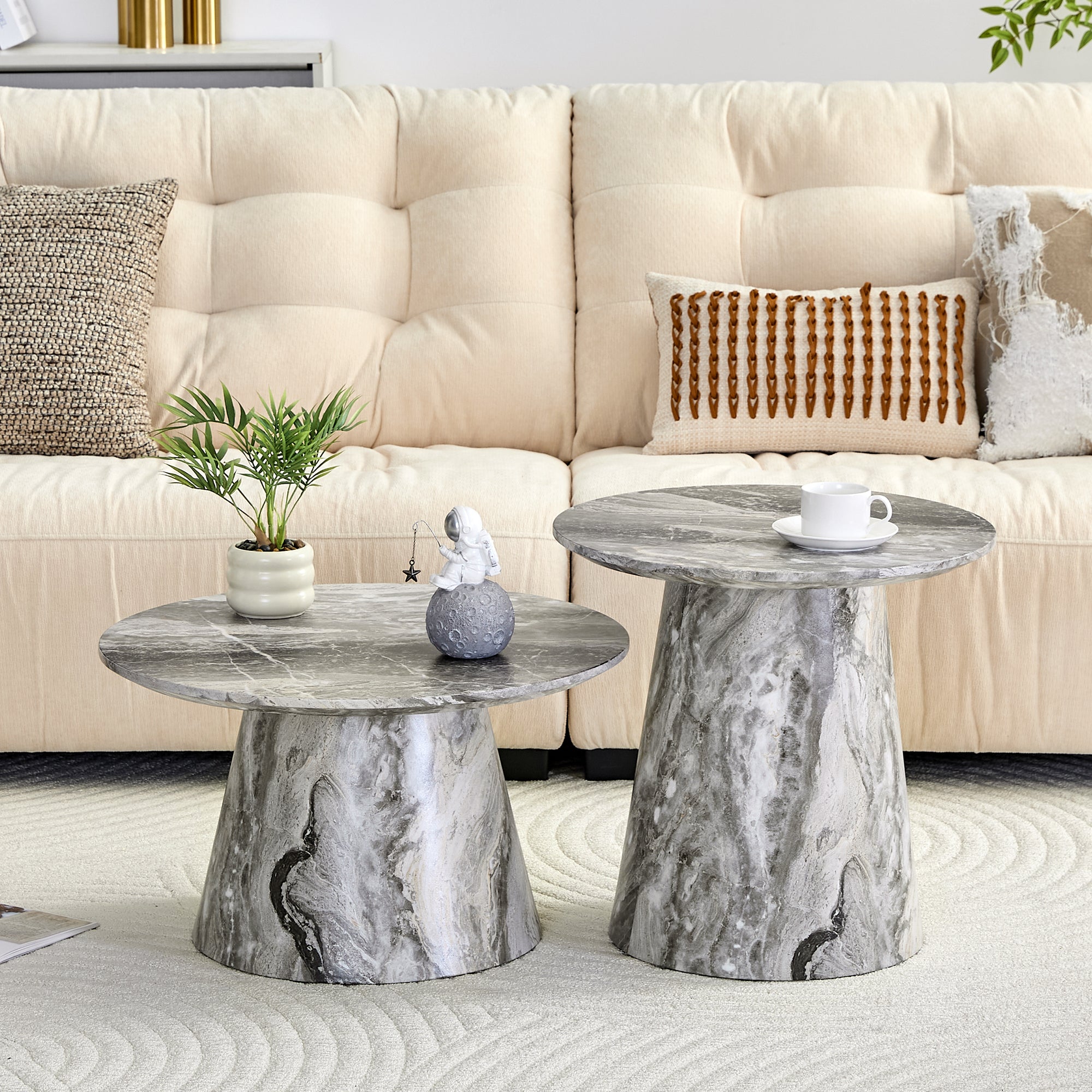 Nested Round Coffee Table Set, Grey Veneer