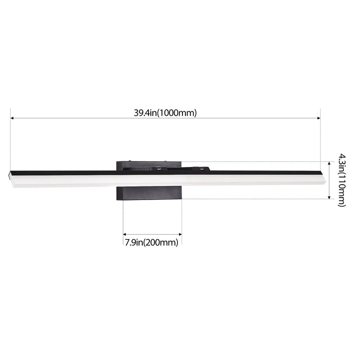 Dimension diagram for Modern Black LED Bathroom Vanity Light, Sleek Metal Wall Sconce, 39 in. for Over Mirror