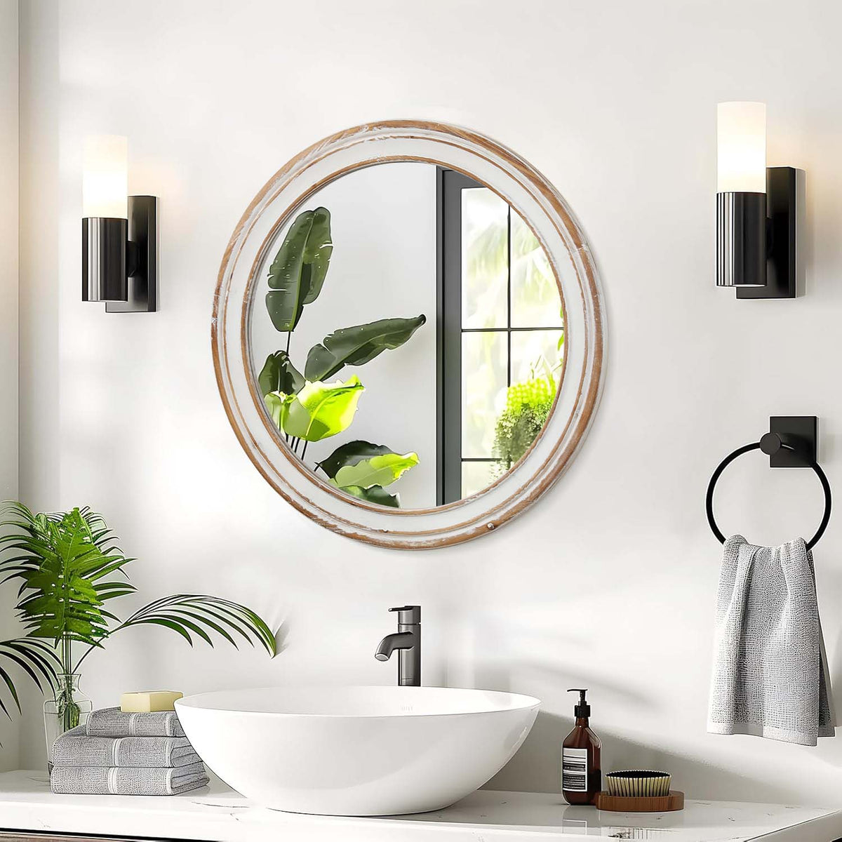 Farmhouse Wood Round Wall Mirror, Circle Vanity Mirror, Antique Natural, 23.6 in. for Bathroom Vanity — detail view 3