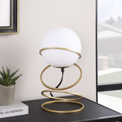 Glass Globe Table Lamp, Matte Gold Spiral Ring Base, 13.5 Inch