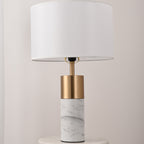 White Marble and Brass Table Lamp, White Drum Shade, 22 Inch