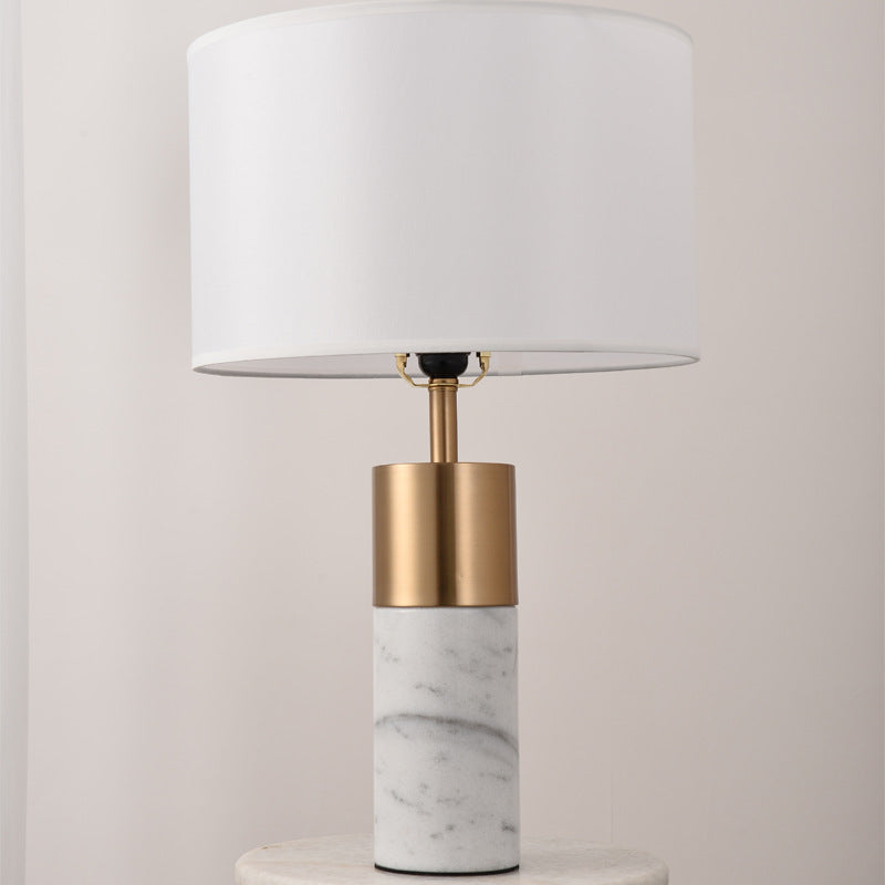 White Marble and Brass Table Lamp, White Drum Shade, 22 Inch