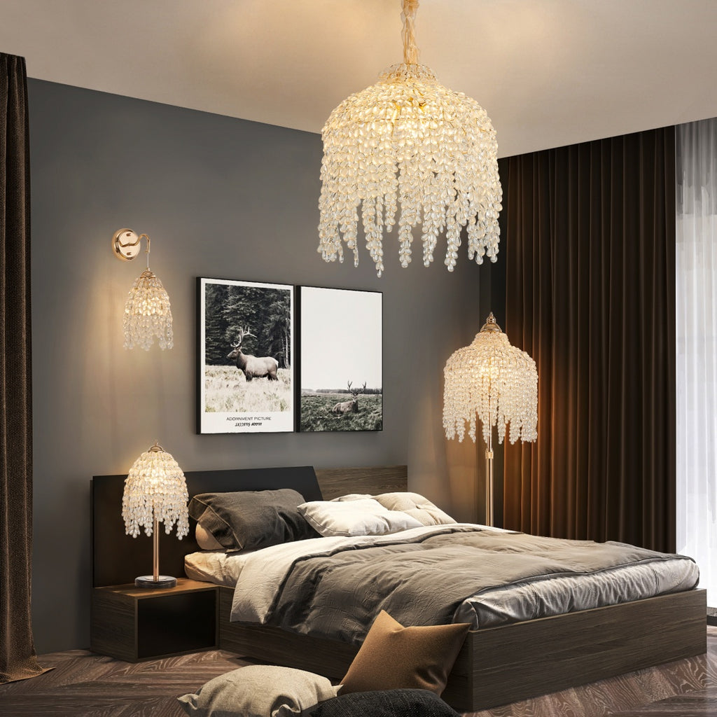Crystal 5-Light Waterfall Chandelier, Cascading Bead Strings, Gold Finish, 16 in.