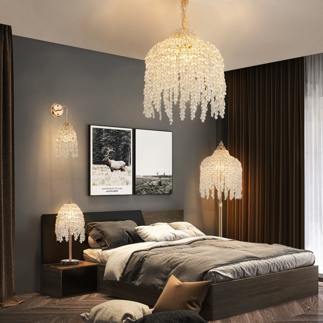 Crystal 5-Light Waterfall Chandelier, Cascading Bead Strings, Gold Finish, 16 in.