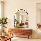 30x36 Inch Black Metal Framed Arched Bathrrom Mirror For Wall.