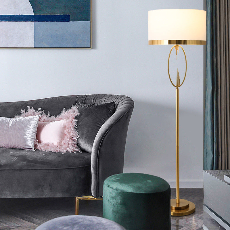 Brass Hoop Floor Lamp with White Drum Shade, 65 Inch