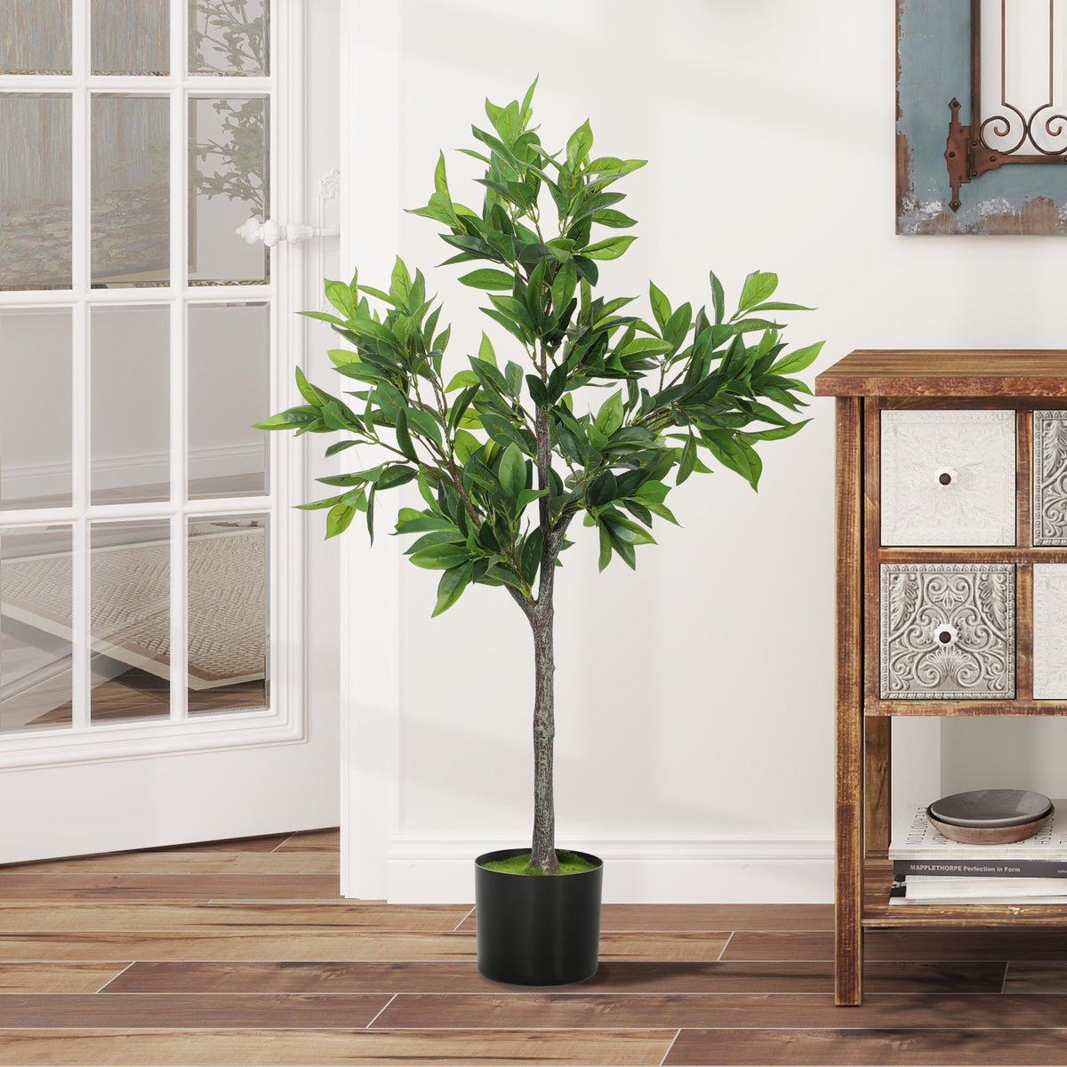 Artificial Laurel Tree, 37 in. Faux Potted PEVA Plant, Green, for Living Room Corner — detail view 3