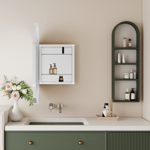 Oval Recessed Medicine Cabinet with Mirror, Metal Frame, White, 20x34 in., for Bathroom — detail view