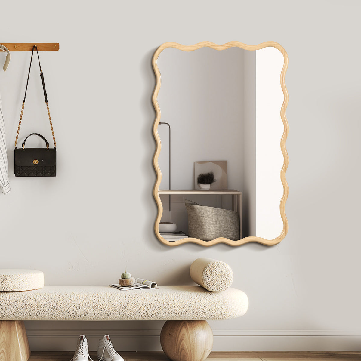 Solid Wood Wavy Rectangle Wall Mirror, 40 x 28 in. Modern, Natural Wood for Entryway — detail view 2