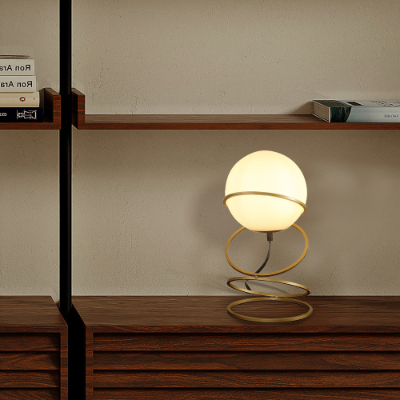 Glass Globe Table Lamp, Matte Gold Spiral Ring Base, 13.5 Inch