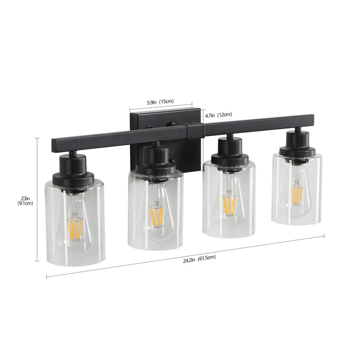 Dimension diagram for Modern Farmhouse 4-Light Bathroom Vanity Light, 24 in. Bar, Black for Bathroom Mirror
