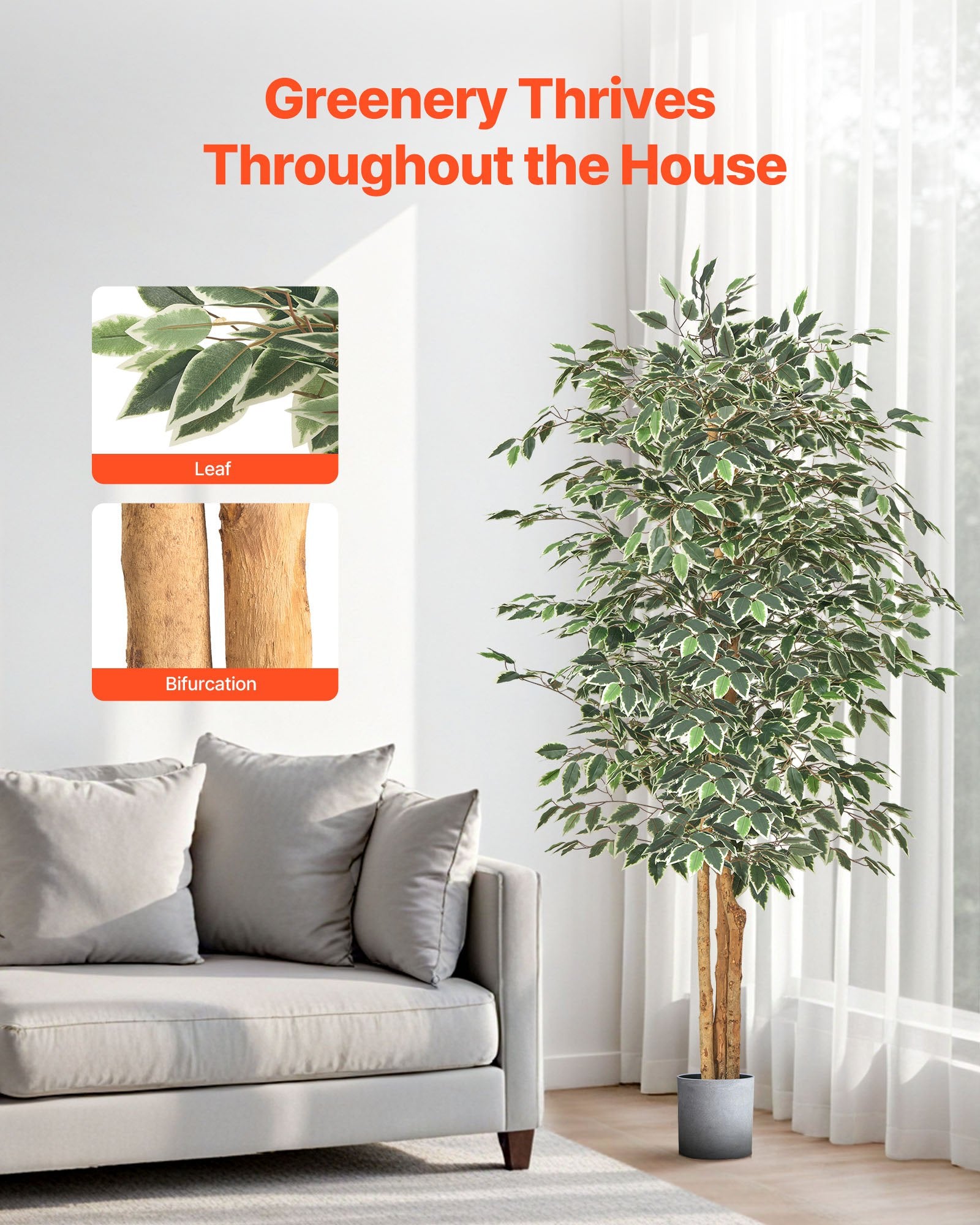 Artificial Ficus Tree, 6 ft Faux Plant with Black Pot, Green, for Living Room Corner — detail view