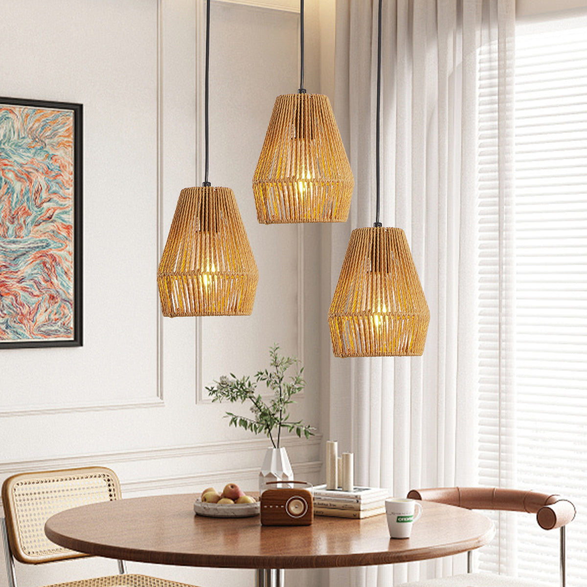 Rustic Handcrafted Hemp Rope Pendant Light, Farmhouse Style, 7 in., Set of 3 — detail view 5
