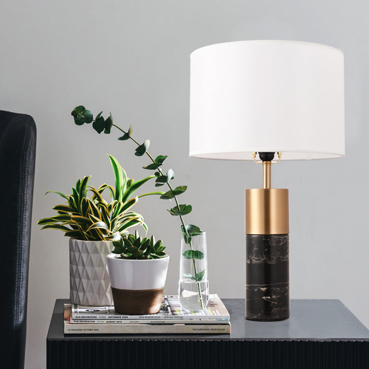 White Marble and Brass Table Lamp, White Drum Shade, 22 Inch