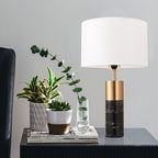 White Marble and Brass Table Lamp, White Drum Shade, 22 Inch