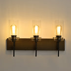 Wood Tone & Black 3-Light Bathroom Vanity Light, Modern Wall Sconce Fixture