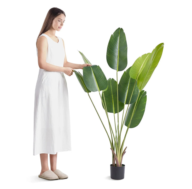 Artificial Bird of Paradise Tree, Faux Tropical Potted Plant, Green, for Living Room Corner — detail view