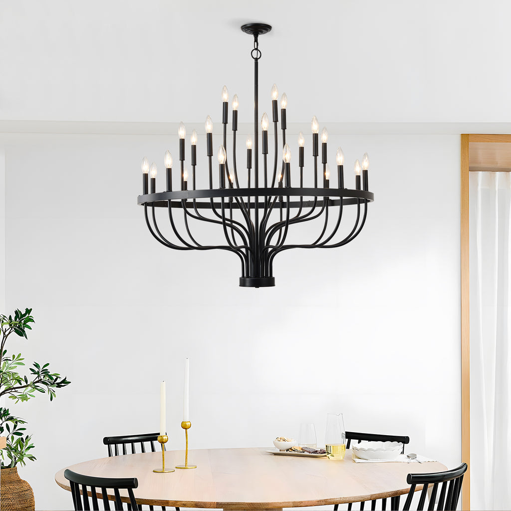 24-Light Iron Candle Chandelier, Matte Black Farmhouse, 39 In. Wide