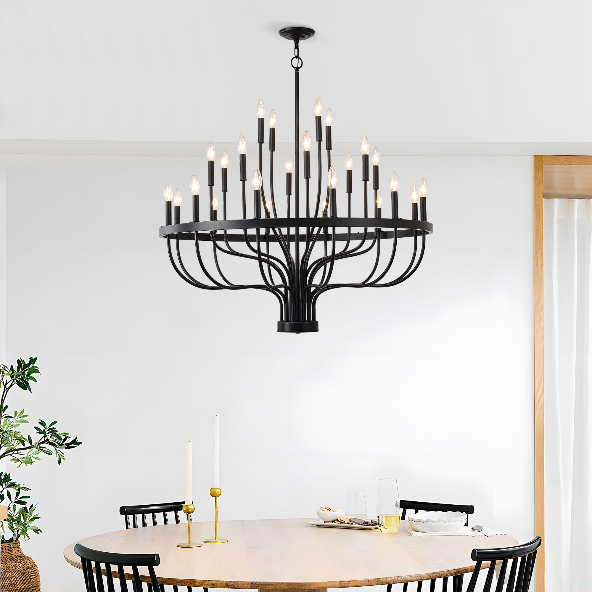 24-Light Iron Candle Chandelier, Matte Black Farmhouse, 39 In. Wide