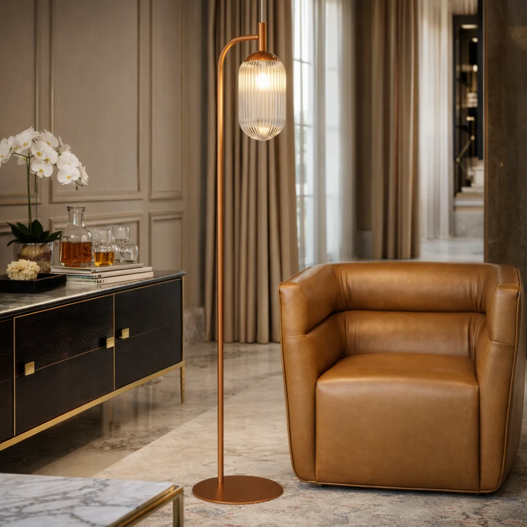 Classic Modern Floor Lamp, Upward Lighting Design, Bronze & Clear Finish