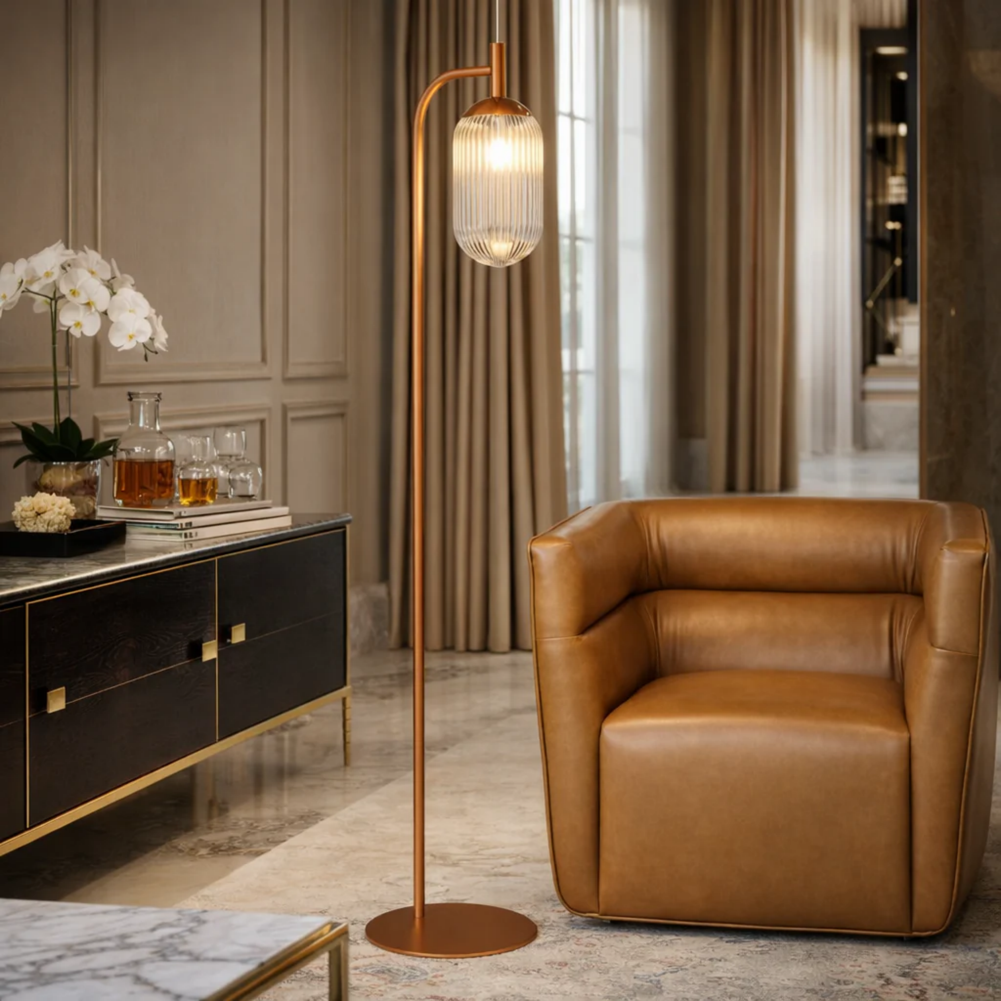 Classic Modern Floor Lamp, Upward Lighting Design, Bronze & Clear Finish