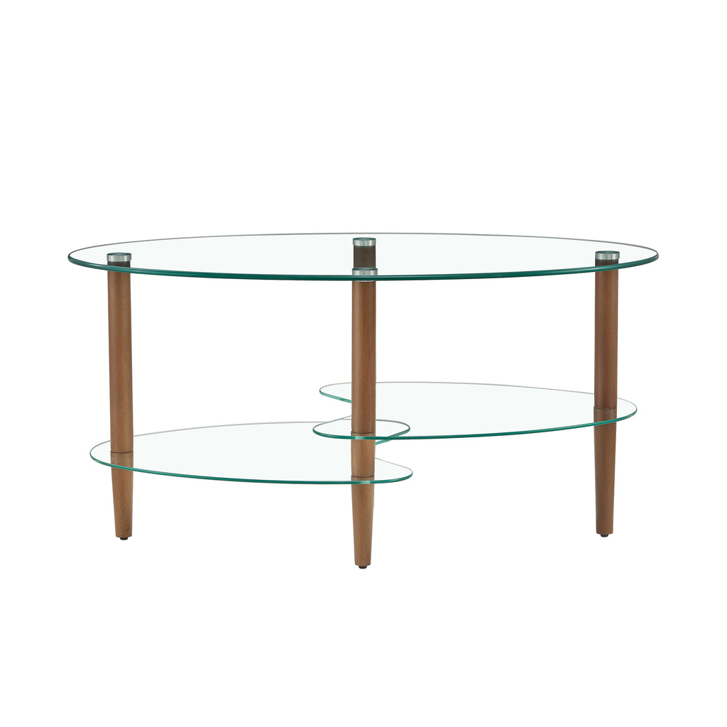 Three-Tier Oval Glass Coffee Table with Oak Legs