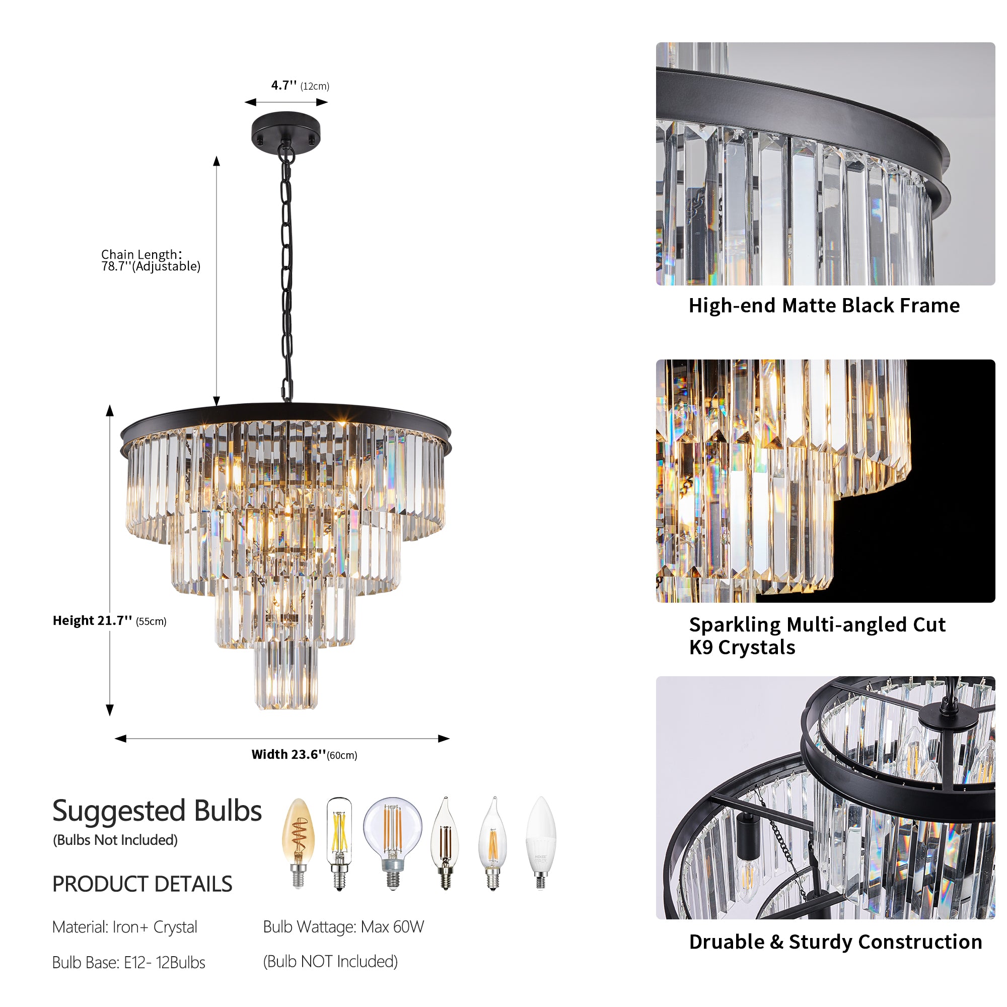 4-Tier K9 Crystal Chandelier, Black Iron Frame, 24 In. Wide