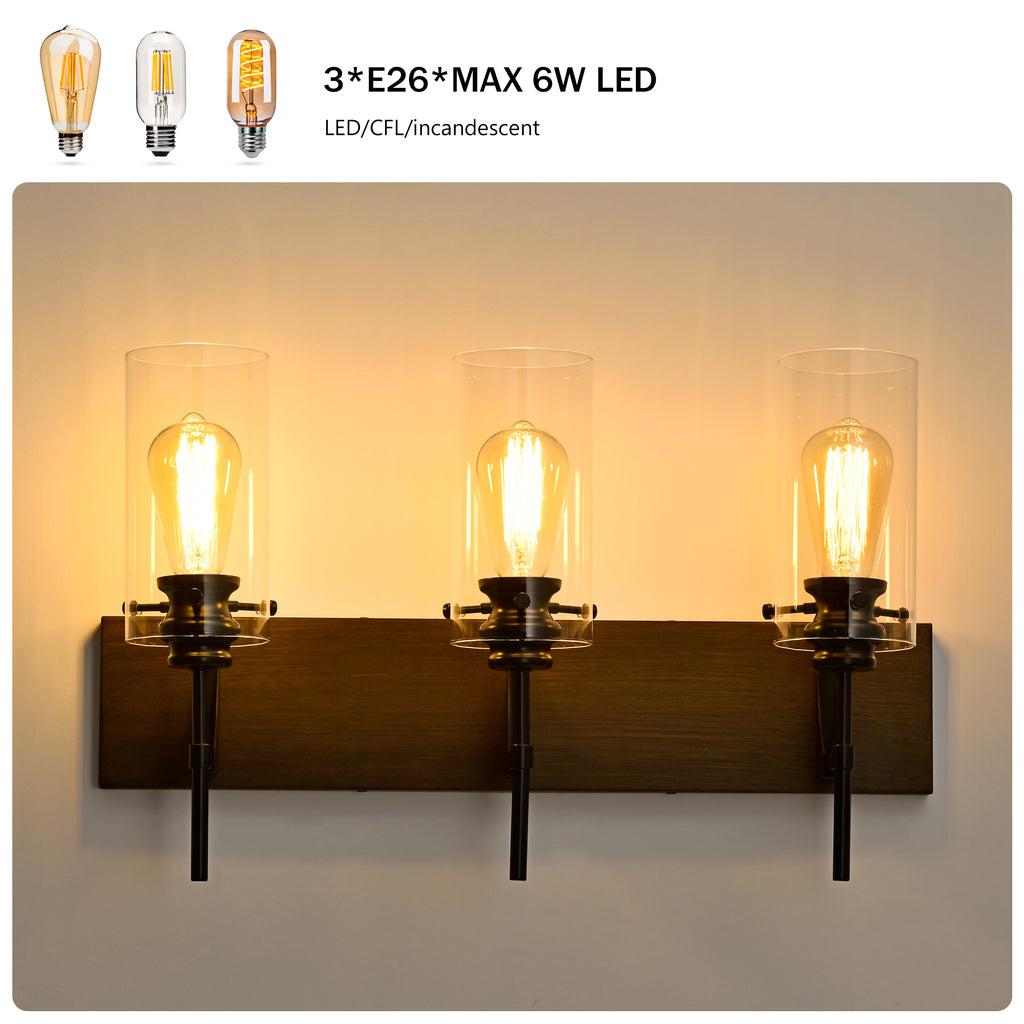 Wood Tone & Black 3-Light Bathroom Vanity Light, Modern Wall Sconce Fixture