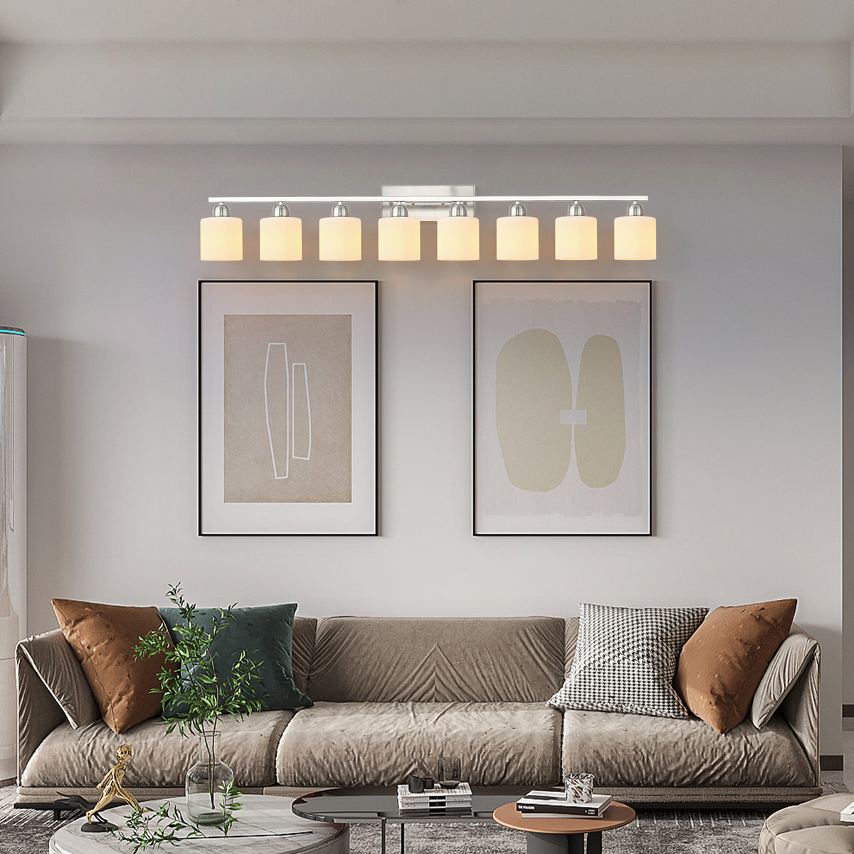 8-Light Bathroom Vanity Light, Nickel Finish, Milky White Glass Shades for Bathroom Mirror — detail view 3