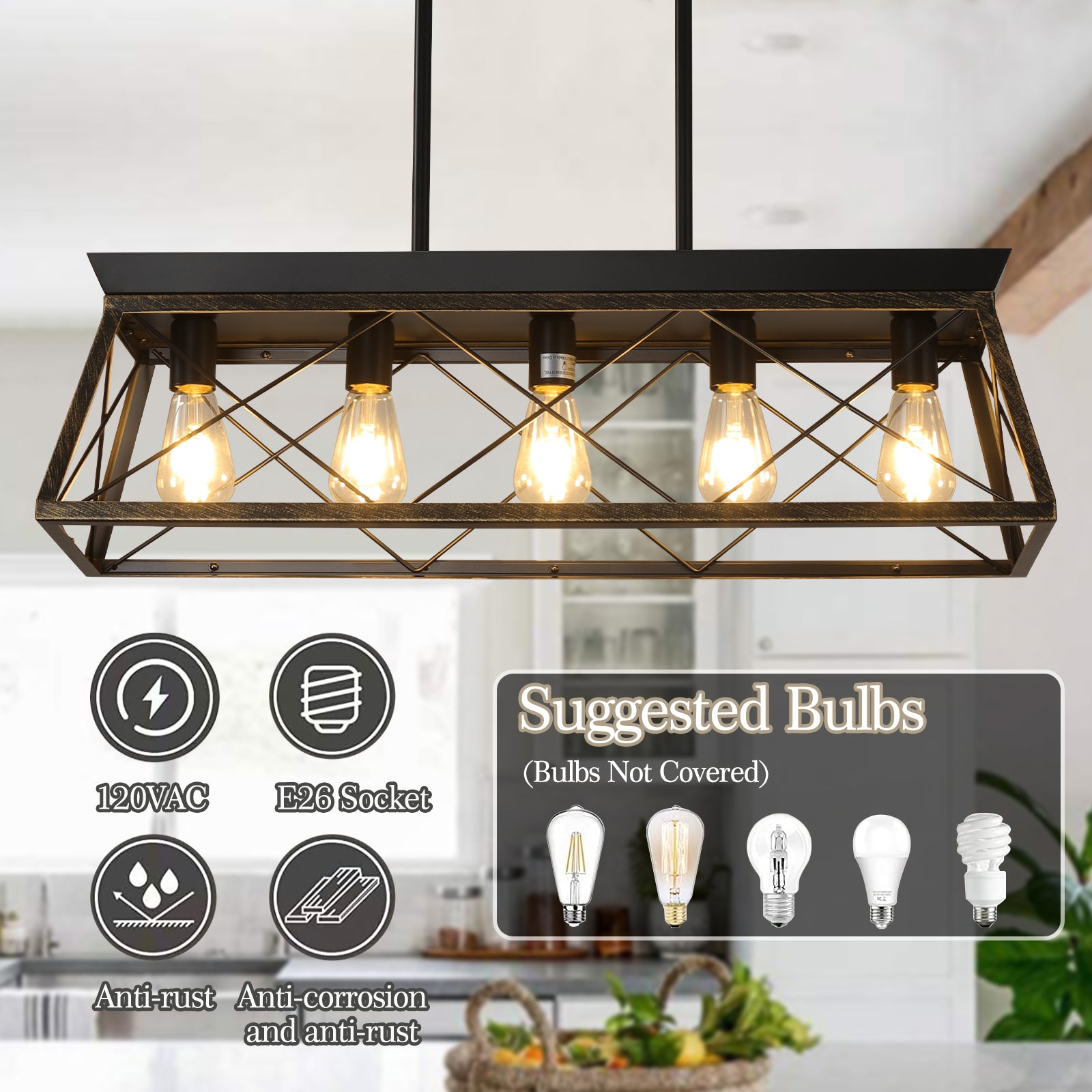 Black & Gold Industrial 5-Light Pendant Chandelier, Mesh Frame, 32 in.