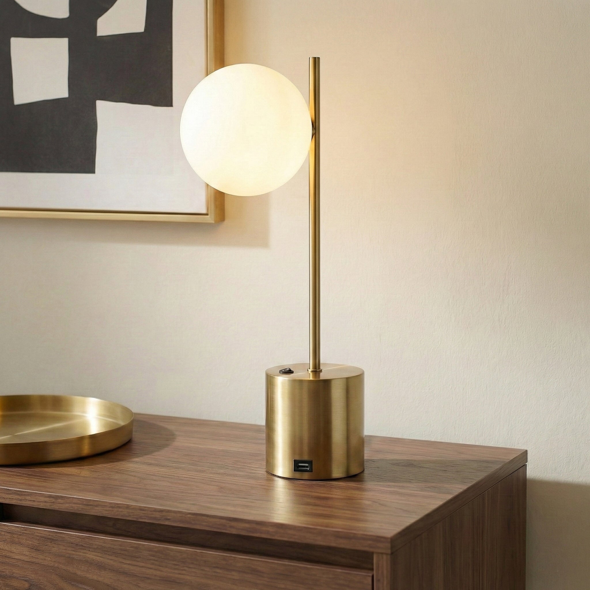 Ethereal Modern Small Brass Metal Table Lamp With White Glass Globe Sh