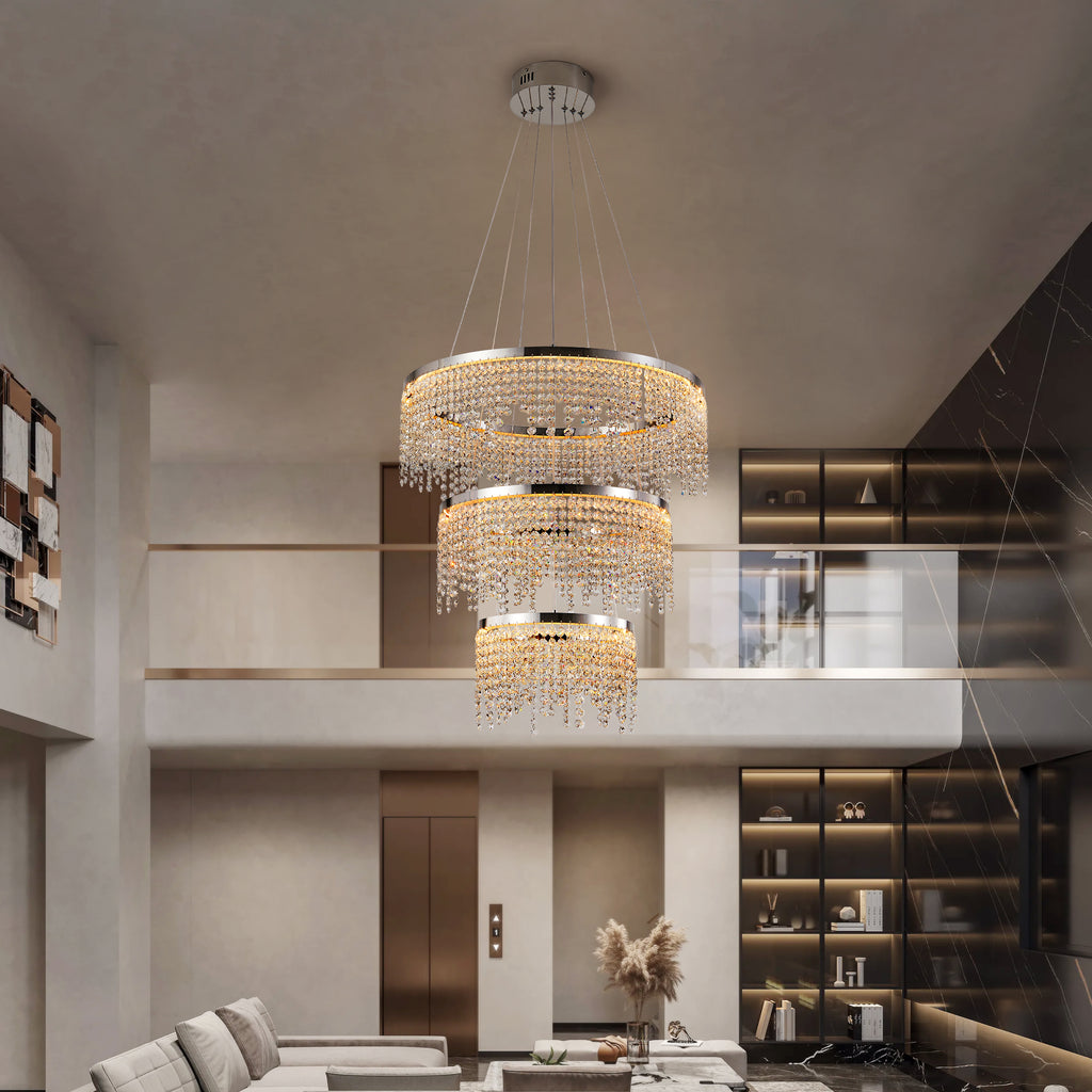 24 In. Round Crystal LED Chandelier, Chrome, Adjustable Color Temp