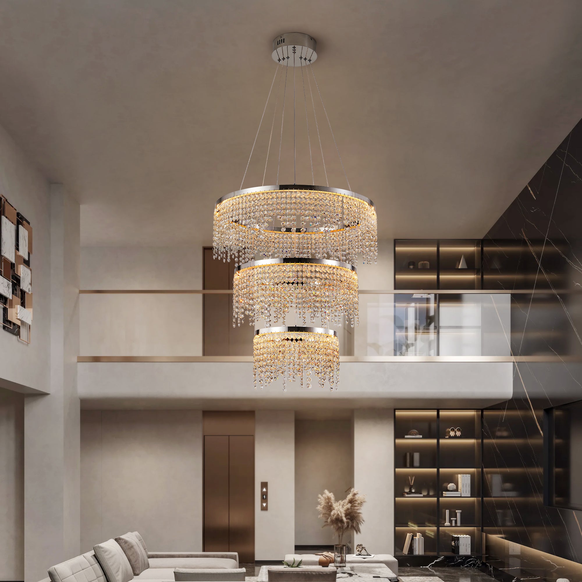 24 In. Round Crystal LED Chandelier, Chrome, Adjustable Color Temp
