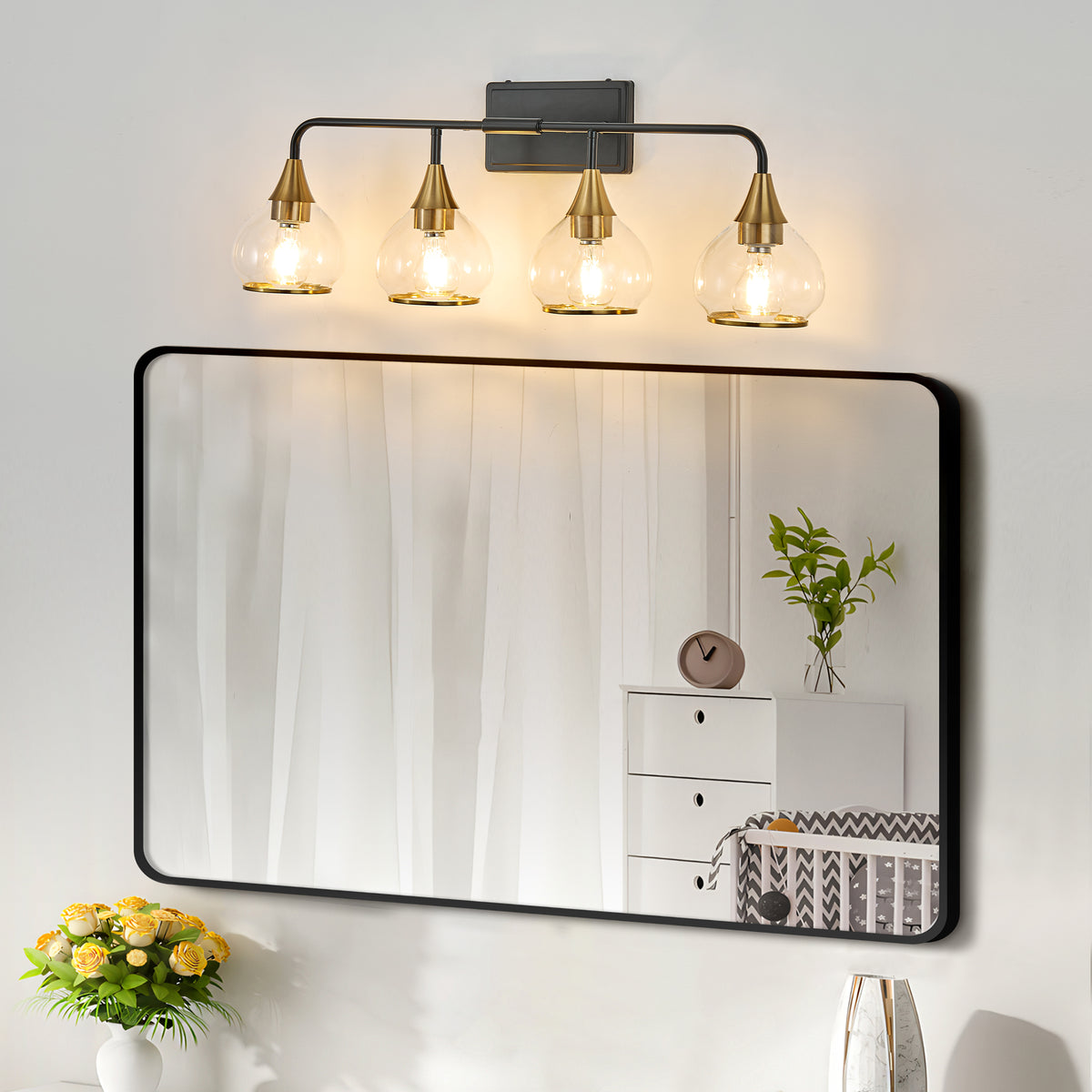 Modern 4-Light Vanity Wall Sconce, Clear Glass Shades, Black and Gold, 31 in., for Powder Room — detail view