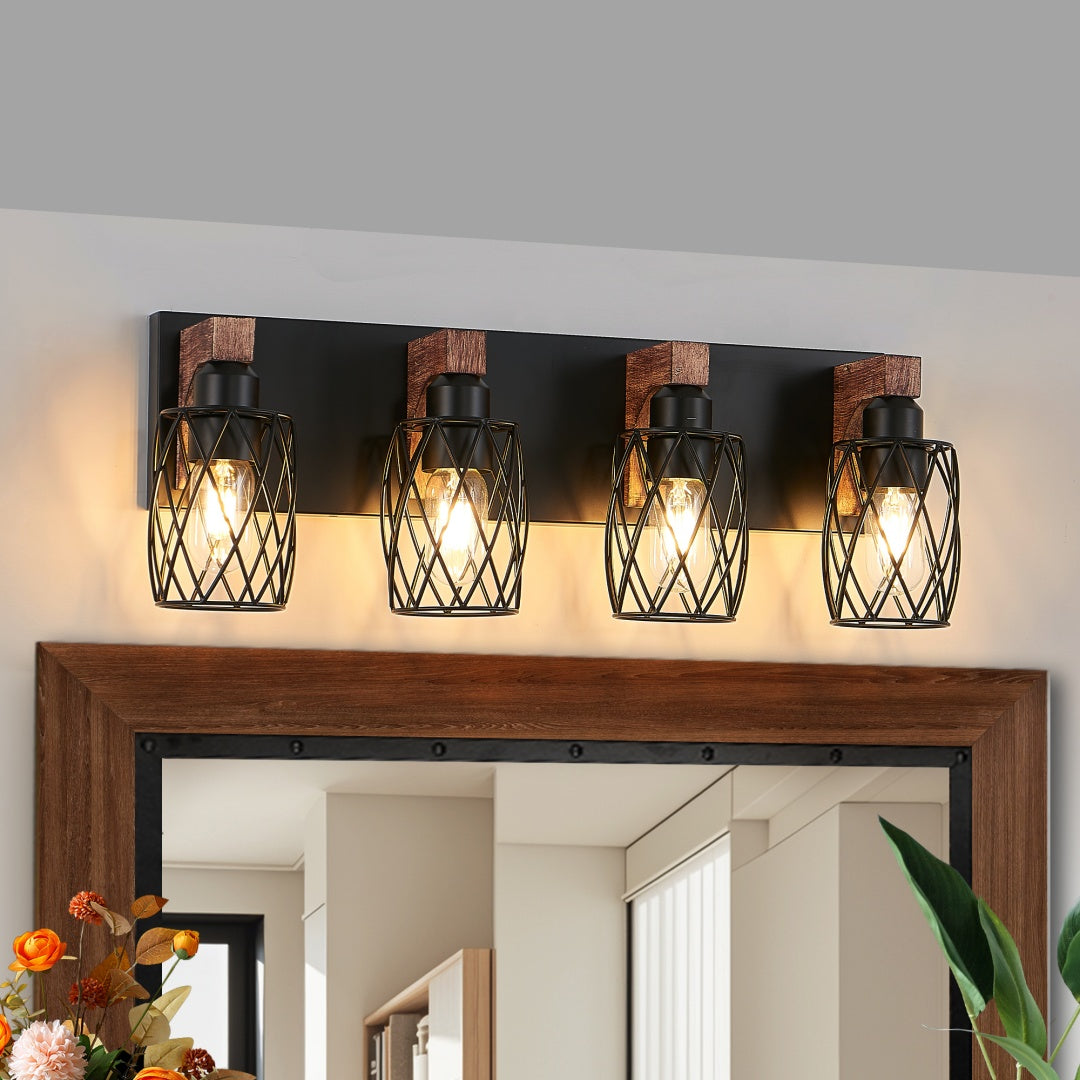 Industrial 4-Light Wall Sconce, Black Wire Cage with Wood Accents, 24 in. for Hallway — detail view 3