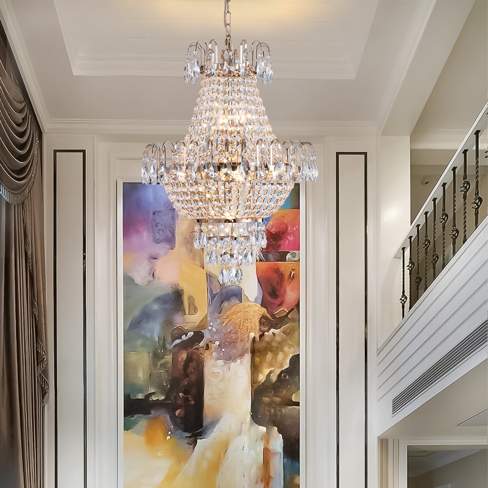 Gold Crystal Chandelier, Iron Frame, 17 In. Wide × 59 In. Tall