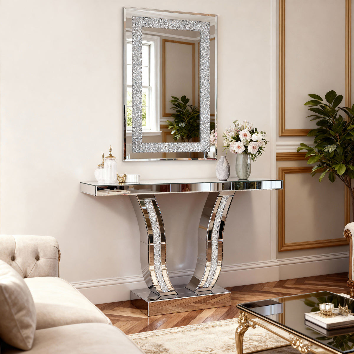 Crystal Crush Diamond Rectangular Wall Mirror, Beveled Glass, Silver, 36 x 24 in. for Living Room — detail view 3