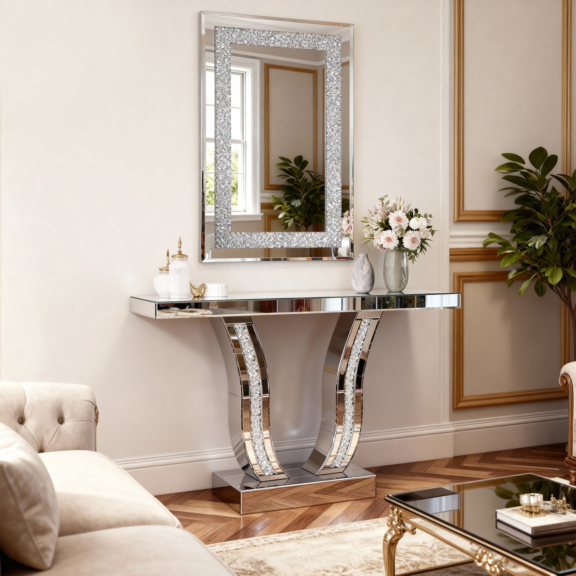 Crystal Crush Diamond Rectangle Silver Mirror For Wall