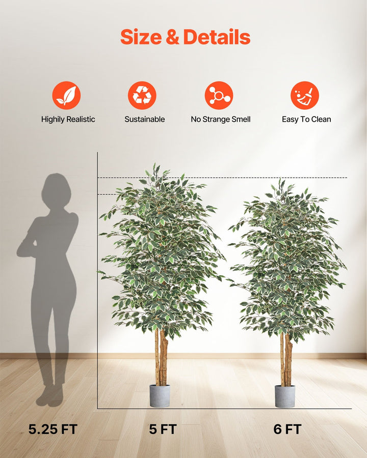 Dimension diagram for Artificial Ficus Tree, 6 ft Faux Plant with Gray Pot, Green, for Living Room Corner